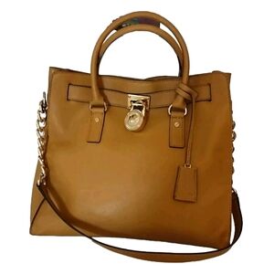 MICHAEL KORS SAFFIANO LEATHER LARGE TAN BROWN SATCHEL SHOULDER BAG HANDBAG